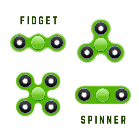 Hand Fidget Spinner Toy. Stress and Anxiety Relief. Green Plastic Toy. Hand Spinner Vector Logo and Labels. Fidget Spinners Emblemsのイラスト素材