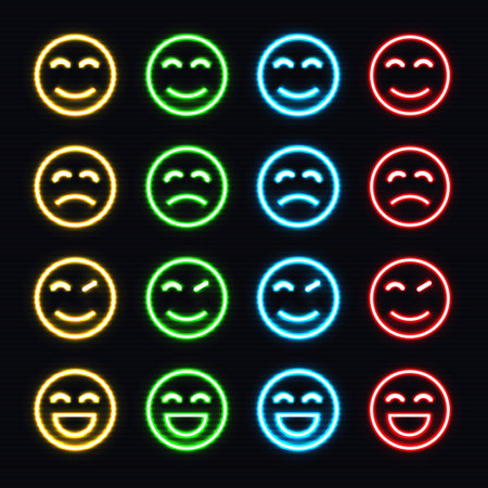 Set of Neon Emoticons. Set of Neon Emojis. Isolated Vector Neon Illustration on Dark Backgroundのイラスト素材