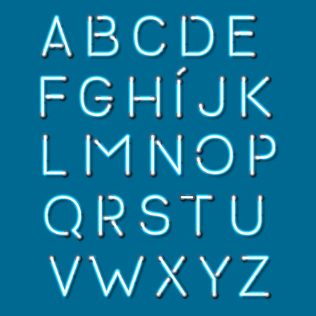 Realistic Neon Character Typeset. Neon Letters. Blue Uppercase Alphabet. Vectorのイラスト素材