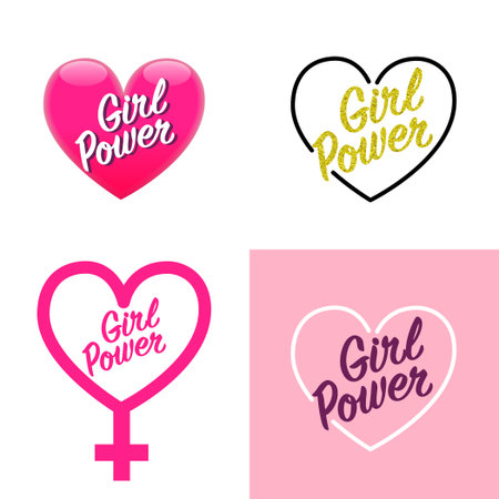 Set of Vector Illustration in Simple Style with Hand-lettering Phrase Girl Power. Stylish Print for Poster, T-shirt, Postcard. Feminism Quote and Woman Motivational Sloganのイラスト素材
