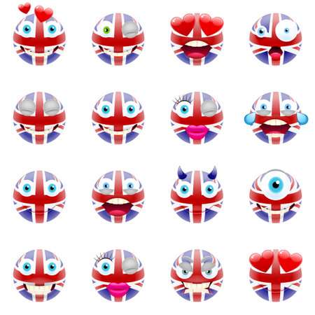 United Kingdom Flag Emojis. Patriotic Emoji Set. Union Jack Flag Emoticons. Smile icon. Isolated Vector Illustration on White Backgroundのイラスト素材