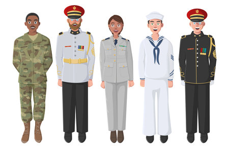 Five American Soldiers in Uniform. May be used for Memorial Day, Veterans Day, Independence Day Events. Material for Poster, Banner, Website.のイラスト素材