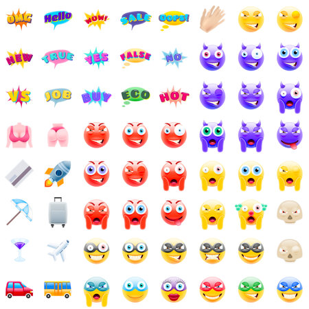 Ultimate Set of Modern Emojis, Emoticons Realistic Vector Illustration Symbols. Variety of Emotions. Yes, Versus, New, Sale, Job, Rocket, Traveling, Butt, Chest, Start-up, Eco, Superhero, Thief, Hotのイラスト素材