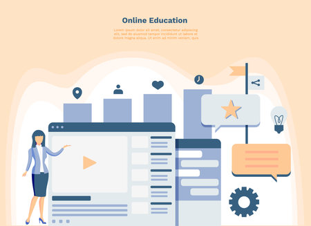 Online Education Landing Page or Presentation Template. Modern Flat Design Concept of Web Page Web Application or Mobile Website. Easy to Customize Vector Illustrationのイラスト素材