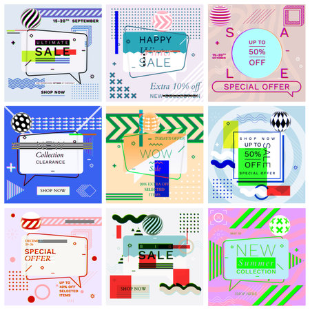 Modern Promotion Glitch Square Web Banners for Social Media Mobile Apps. Elegant Sale and Discount Promo Backgrounds with Abstract Pattern in Memphis Style. Email Ad Newsletter Layouts.のイラスト素材