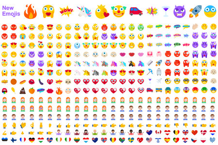 Big Set of New Modern Emojis. Emoticons Flat Vector Illustration Symbols. All World Emotions in Yellow, Red, and Violet Expressions. Hearts, Skulls, Vacation, Sale, New, Versus, Unicorns, Clownsのイラスト素材