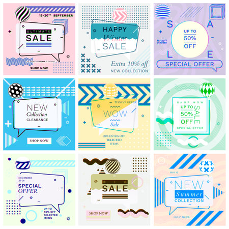 Modern Promotion Glitch Square Web Banners for Social Media Mobile Apps. Elegant Sale and Discount Promo Backgrounds with Abstract Pattern in Memphis Style. Email Ad Newsletter Layouts.のイラスト素材