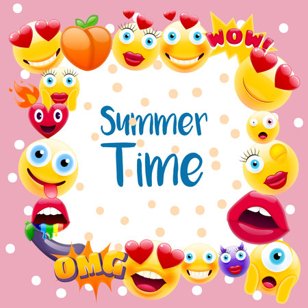 Summer time Poster or Postcard! Summer Design with Lots of Unique Emojis. Holidays Sign for Schools or Kindergartens in a Trendy Style.のイラスト素材