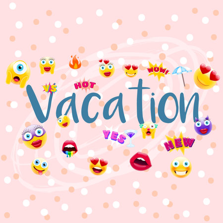 Vacation Poster or Postcard! Vacation time Design with Lots of Unique Emojis. Holidays Sign for Entities in a Trendy Style.のイラスト素材