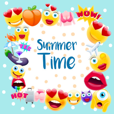 Summer time Poster or Postcard! Summer Design with Lots of Unique Emojis. Holidays Sign for Schools or Kindergartens in a Trendy Style.のイラスト素材