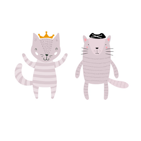 Two Cats Characters Staying Together in Crown and Pirate Hat. Two Animals in Cute Trendy Modern Cartoon Childish Style. Perfect for Print, Web, App or Any Digital Design Manipulation.のイラスト素材