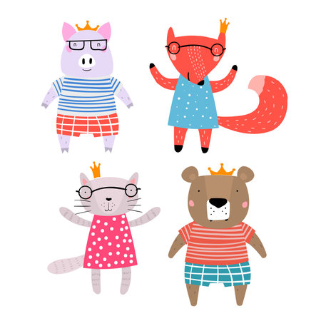 Pig, Fox, Bear and Cat Characters Staying Together in Crowns. Four Animals in Cute Trendy Modern Cartoon Childish Style. Perfect for Print, Web, App or Any Digital Design Manipulation.のイラスト素材