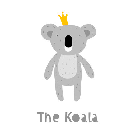 Koala Character Staying with Crown. An Animal in Cute Trendy Modern Cartoon Childish Style. Perfect for Print, Web, App or Any Digital Design Manipulation.のイラスト素材