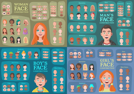 Woman, Man, Girl, Boy Character Constructors. From Housewife to Hipster. Cartoon Woman Face Parts Creation Spare Parts. Cartoon Style Faces. Body Part. Vector Illustrationのイラスト素材