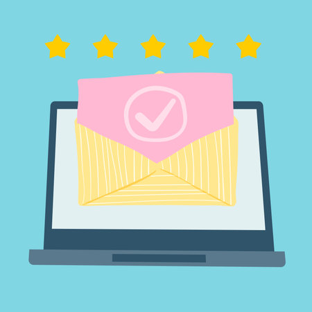 Opened Envelope and Pink Document with Check Mark Icon. Official Confirmation Message, Mail Sent successfully, Email Delivery, Verification or Registration Email. Hand Drawn Childish Designのイラスト素材