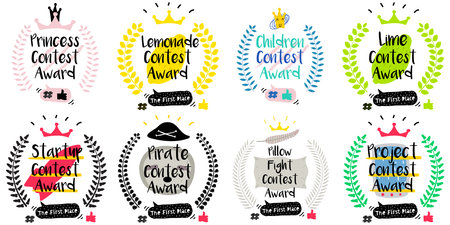 Series of Cute Funny Award Badges for Children's Contest. Interactive Pin or Princess Badge in a Comic Cute Trendy Style with a Palm Branch, Crown, Thumb up, Hash and Dialog Bubble.のイラスト素材