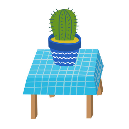 Vector Bright Cactus on a Table. Exotic Plant in Hand Drawn Childish Style. Decorative Natural Elements. Cactus in a Pot. Table with a Tablecloth.のイラスト素材