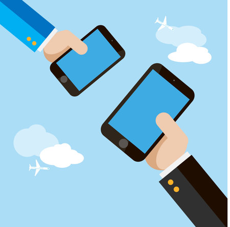 Creative card with hand and mobile phone vector template.のイラスト素材