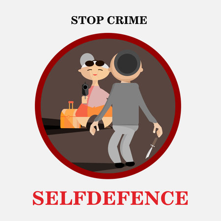 Old woman with a gun and a thief. Selfdefence concept vector imageのイラスト素材
