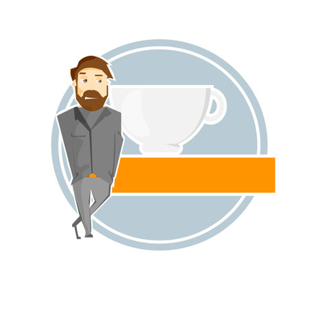 Cartoon hand drawn man in suit with hot drink cup banner vector illustrationのイラスト素材