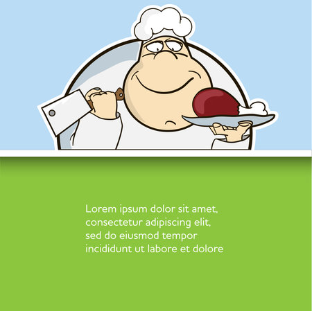 happy Cook chef with meat flat design cartoon vector illustration modern posterのイラスト素材