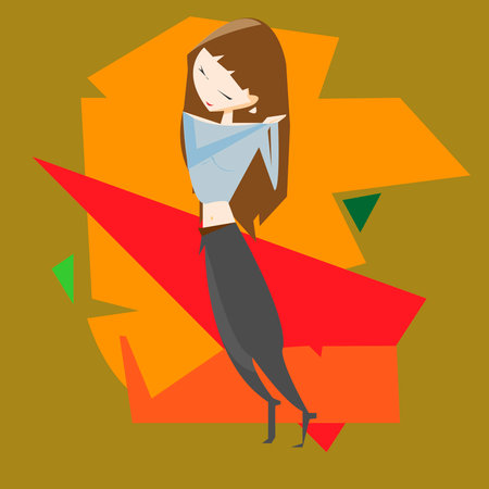 Cartoon happy young woman on unusual modern multycolor background vector illustrationのイラスト素材