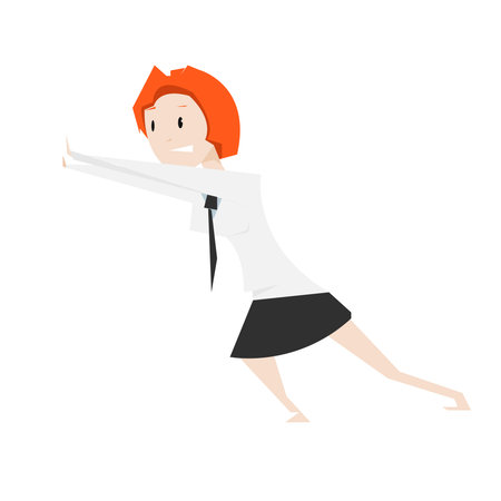 Cartoon young woman push something vector iluustration isolated over whiteのイラスト素材