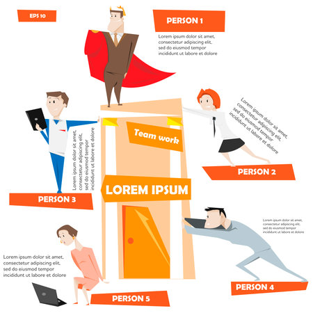 set cartoon people vector illustration. Office characters and team work infographics in flat design modern poster.のイラスト素材