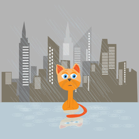 Sad kitten on a rain vector illustration. Cat adopt concept posterのイラスト素材