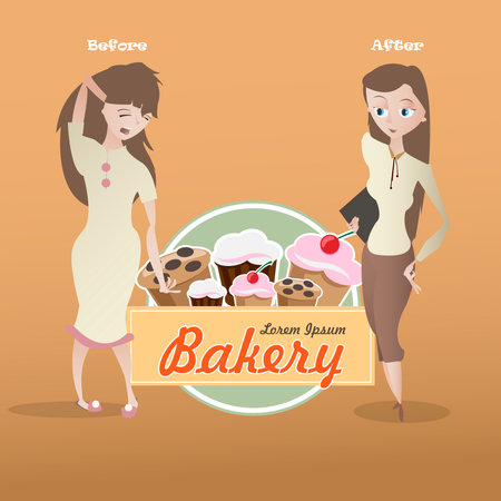 Cartoon sleepy and cheerful young woman characters and fresh bakery emblem vector illustrationのイラスト素材