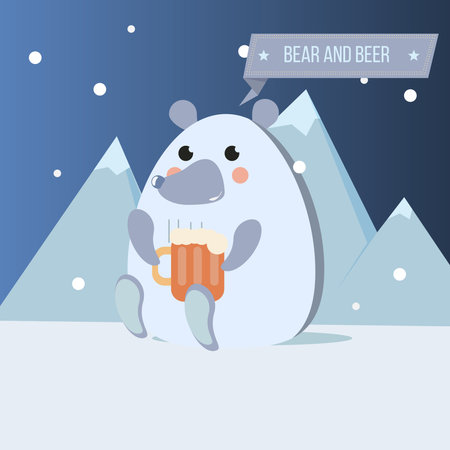 Cartoon happy polar bear and big cup of beer vector illustrationのイラスト素材