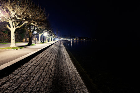 Night at Lake Constance sea, in Konstanz, Germanyの写真素材
