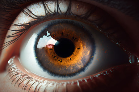 The gate to the soul - detail surreal eye - Close-up of human eye with orange pupil. 3D renderingの素材