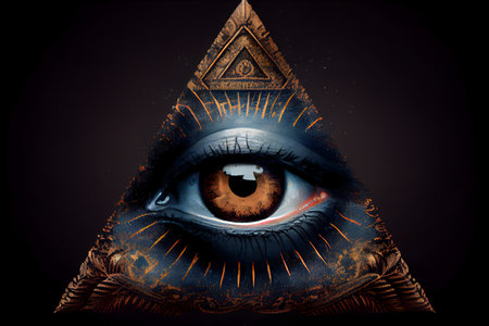 The gate to the soul - detail surreal eye - Eye of Horus with Egyptian pyramid on black background. 3D renderingの素材