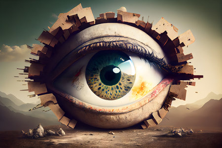 Close-up of human eye with cityscape in the background.の素材