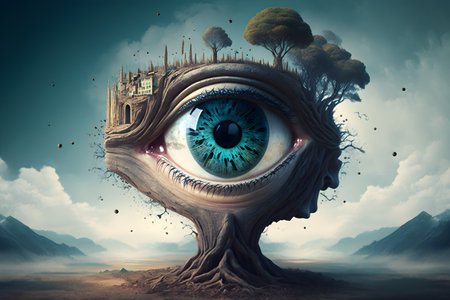 Eye of God in surreal landscape with cathedral and tree. Mixed mediaの素材