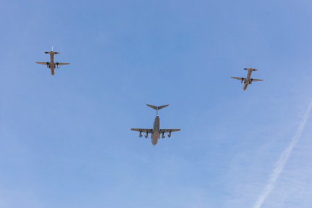 Three aircraft of the Spanish Air Force participating in the air parade of the National Day of...