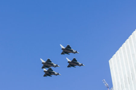 Four Eurofighter Typhoon of the Spanish Air Force participating in the air parade of the National...
