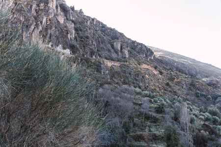 Great vertical wall in the mountains on the route of the Monachil river, in Los Cahorros, Granada, Spain.の写真素材
