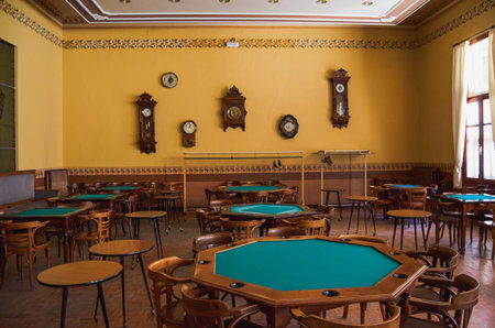 Interior of the casino of Huesca, tables with antique table matsの写真素材
