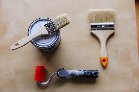 Paint set with paint can, two brushes and roller.の写真素材