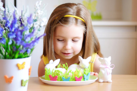 Happy smiling girl celebrate Easter at homeの写真素材