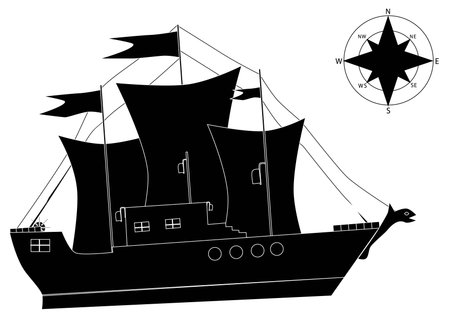 A white and black ship and a compassのイラスト素材