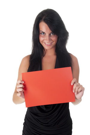 nice girl holding red sheet on a white backgroundの写真素材