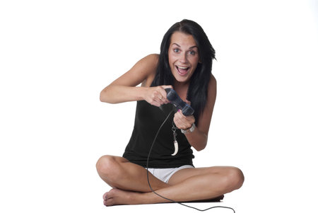 a girl playing video gameの写真素材