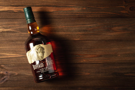 Ternopil, Ukraine - April 29, 2021: A bottle of Buffalo Trace Kentucky Straight Bourbon whiskey on a...