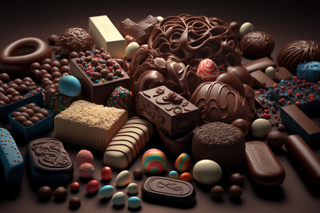 A lot of sweets, pralines, chocolate bars, beans, bonbons, candiesの写真素材