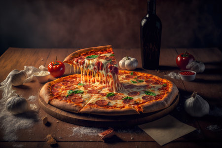 Pizza with salami, mozarella and tomatoesの写真素材