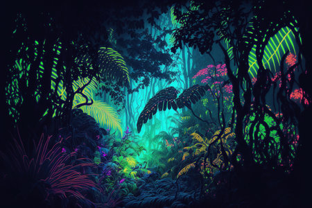 Night tropical jungle background. Atmospheric colorful rainforestの写真素材