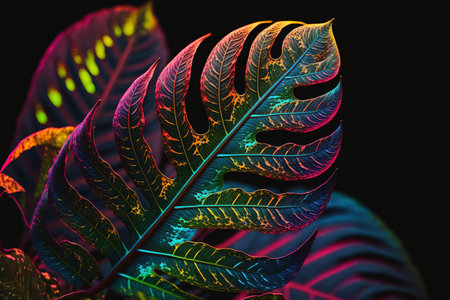 Colorful tropical leaves, dark backgroundの写真素材